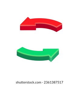 3D Red and Green Exchange, Refresh circle arrows. Vector isometric round reload arrow icon isolated on white background. 3D recycle design element for app, web, advert.