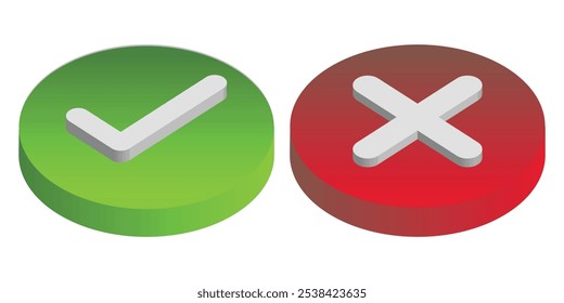 3D Botones redondos rojos y verdes con marca de verificación y cruz. Iconos 3D correctos e incorrectos, concepto de aceptación y rechazo. Clipart de Vector