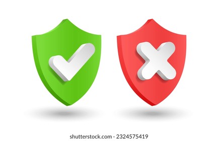 3d red and green shield, checkmark and cross, yes and no button, approved and rejected.