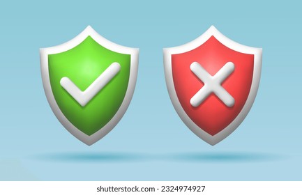 3d red and green shield, checkmark and cross, yes and no button, approved and rejected. Verified shield. Protection and security symbol. Secuirty badge