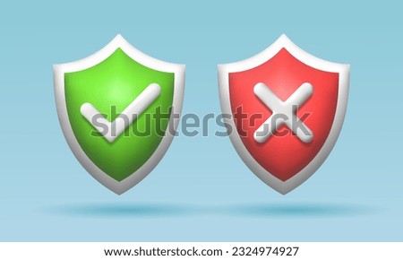 3d red and green shield, checkmark and cross, yes and no button, approved and rejected. Verified shield. Protection and security symbol. Secuirty badge