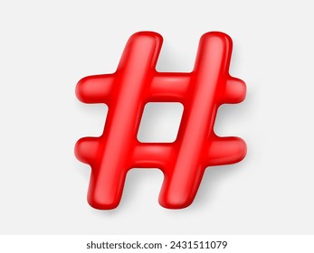 3d red hashtag symbol icon. Realistic vector illustration of social media and telephone sign. Inflatable alphabet element hash tag for chat message and network post concept. Polished typography object