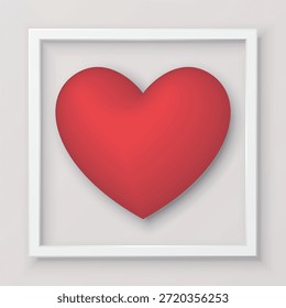 3D roter Herzballon in weißem quadratischem Rahmen Papierschnitt Stil auf hellgrauem Hintergrund grafische Illustration. Glückwunsch Valentinstag Grußkarte quadratische Vorlage.