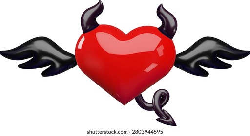 A 3D red heart with black devil horns, wings, and a tail with an arrow. A symbol of passion, temptation, forbidden love, Valentine's Day, Halloween, treachery, and jealousy. Vector. Render. Icon.