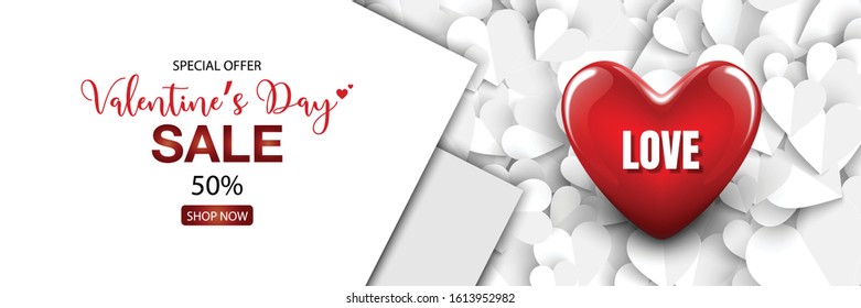 3D Red Heart design on white heart paper cut for valentines day banner sale special offers background. use for wedding, invitation, posters, banners, headers, website, greeting cards
