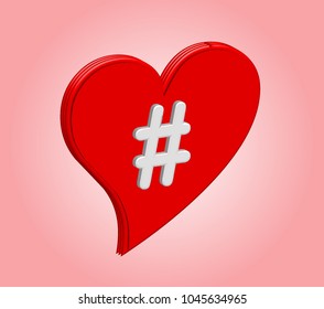 3D red heart with hashtag in vector graphics