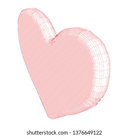 3D red heart, isolated on white background. Happy Valentine's day. Volume icon, logo for design. Abstract symbol of love. Graphic 3D drawing, sketch. Vector illustration.