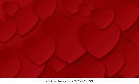 3D corazón rojo tamaño mixto superposición en el fondo rojo papel cortado estilo gráfico ilustración. Feliz día de San Valentín tarjeta de felicitación Plantilla Horizontal.