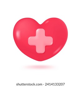 3D red heart with plus sign. Life insurance concept Helps treat heart disease patients. 3D Vector Illustration.