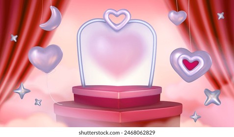 3d red heart podium for product display vector. Abstract y2k studio scene with platform and holographic chrome element. Glossy chromatic design and curtain on wall concept. Promotion space with stand