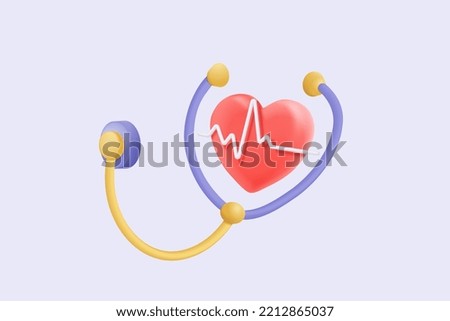3d red heart with pulse line and stethoscope. heartbeat or cardiogram for healthy lifestyle, pulse beat measure, cardiac assistance, medical healthcare. 3d stethoscope vector icon render illustration
