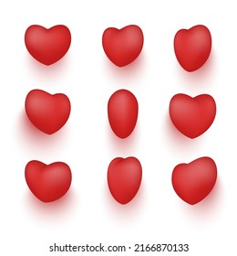 3d red heart shape collection realistic template vector illustration. Flying romantic glossy like balloons different sides passion party event holiday celebration decor Valentine's Day wedding element