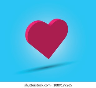 3D Red Heart Shape Icon With Blue Background. 3D Heart Shape In Air With Side Angle.