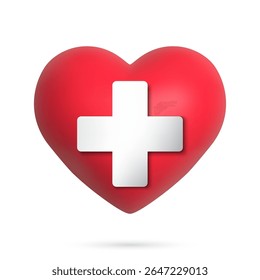 3D red heart with a smooth, glossy surface. At its center is a white, raised cross, also three dimensional, symbolizing medical care or first aid. vector illustration