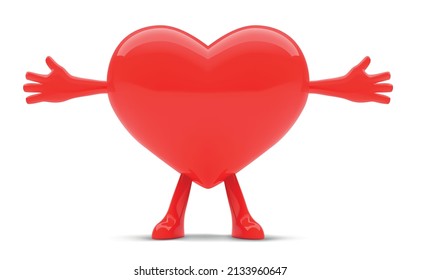 3d red heart vector illustration. Heart shaped mascot with arms open wide.