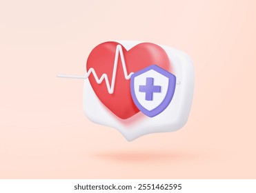 Coração vermelho 3d com sinais de ícone de linha de pulso branco. batimento cardíaco ou cardiograma para estilo de vida saudável, assistência cardíaca, saúde médica, medição de batimento de pulso. ilustração de renderização de ícone de vetor de ritmo de batida 3d