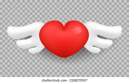 3D Red heart with wings, icon, isolated on transparent background. Vector illustration.