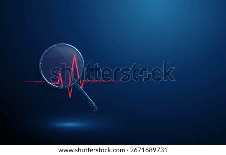 3d red heartbeat line under magnifying glass. Cardiac monitoring, heart rhythm analysis, arrhythmia detection, medical diagnostics concept. Low poly digital futuristic style, wireframe. Vector.