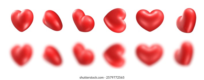 3D Red Hearts Blur Effect Vector Icon Set. Isolated.