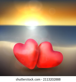 3d red hearts couple on sunset beach. Seascape. Valentine's day card with space for text. Vector illustration.