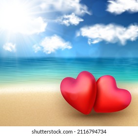 3d red hearts couple on beach. Seascape. Cloudy sky. Valentine's day postcard with space for text. Vector illustration.