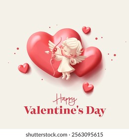 3D red hearts, cupid shooting a bow. Modern banner for Valentine's Day celebrations, weddings, gifts, and greetings. Vector