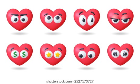 3d Corazones rojos 3d con caras. Símbolos emocionales del amor, corazón lindo de la historieta con los ojos grandes. Cara romántica divertida, estrellas de dinero sorpresa en el ojo, conjunto de Vector