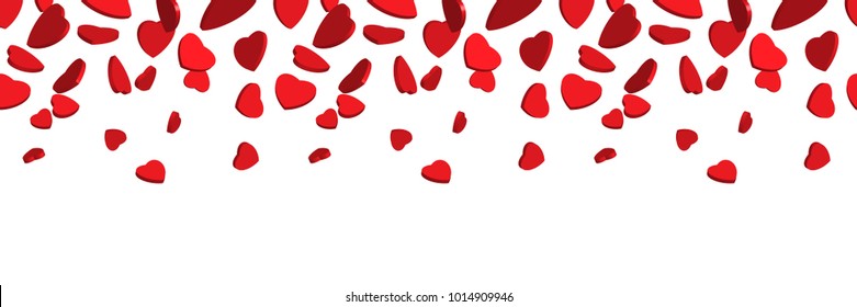 3d red hearts falling from above. Vector seamless top border of red hearts isolated on white background.