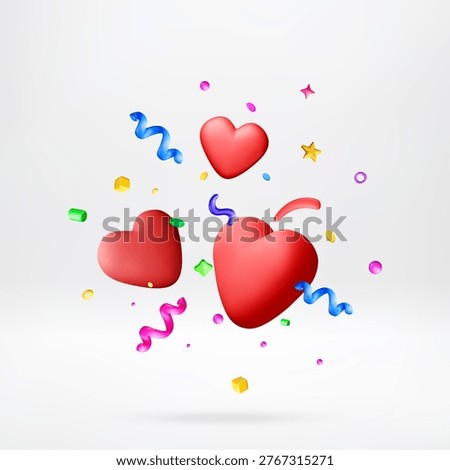 3D Red hearts floating with colorful confetti and geometric shapes. Romantic celebration. Decorative festive element for valentine, wedding and greeting card design. Vector illustration
