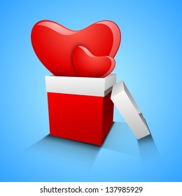 3D red hearts in gift box on blue background, love concept.