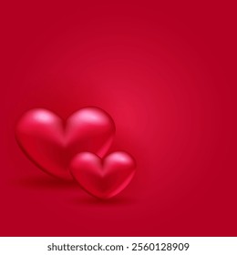 3D red hearts on red background. Happy Valentines day banner with place for text. Vector illustration