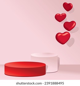 corazones rojos 3D sobre el podio vacío sobre fondo rosado. Ilustración vectorial del Día de San Valentín