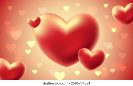 3D red hearts on gradient background, bokeh. Love and feelings, Valentine's day, wedding. Banner with copy space. Vector illustration.