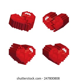 3D red hearts pixel art stlye on white background