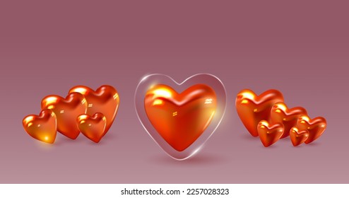 Los corazones rojos en 3D se reman y el gran corazón de vidrio rojo. Ilustración vectorial. Cartel, afiche, tarjeta de saludo para San Valentín, boda, otro día