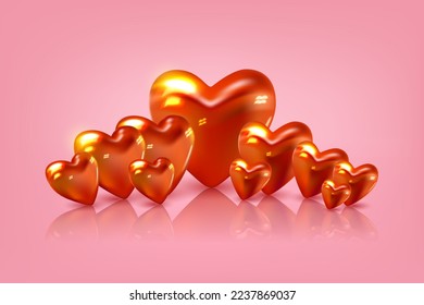 3D Red hearts row with reflections. Vector illustration. Banner, poster, greeting card for Valentines, Wedding, Morher day