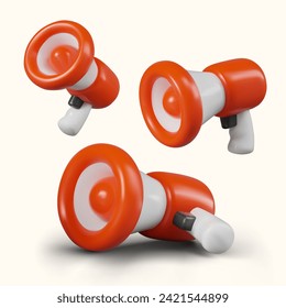 3D red horn in different positions. Set of vector templates for layout with various ads