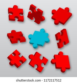 3D red jigsaw puzzle with unique blue piece. One of many concept. Vector illustration, EPS10.