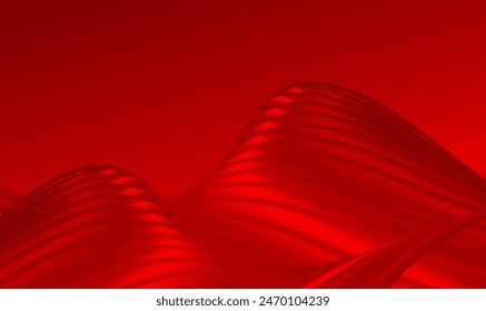 3d Red landscape background with 3d wavy stripes pattern. Modern cover template. Futuristic curvy landscape. 3D metal striped pattern for presentation, poster, website, banner. Premium Vector EPS10.