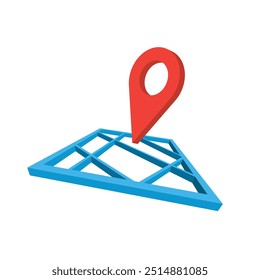 Marcador de ubicación rojo 3D en una cuadrícula de mapa, icono de lugar, símbolo de navegación, perspectiva isométrica.