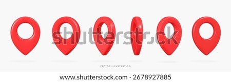 3D Red location pin in different rotations. Navigation mark. Travel tag with shadow. Minimal element for map, web and gps. Cartoon creative design icon set isolated on white. 3D Vector illustration