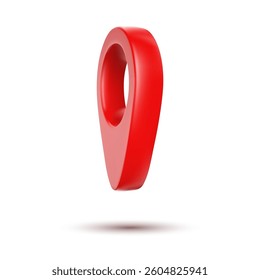 3D red location pin isolated on white background. Glossy texture with soft shadows. Perfect for web, navigation app, travel designs or cartography poster mockup. Vector geolocation illustration