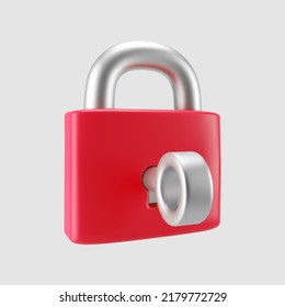 3d red locked padlock icon with key isolated on gray background. Render minimal closed padlock with a keyhole. Confidentiality and security concept. 3d cartoon simple vector illustration