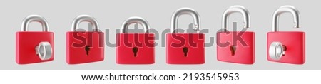 3d red locked and unlocked padlock icon set with key isolated on gray background. Render minimal padlock with a keyhole. Confidentiality and security concept. 3d cartoon simple vector illustration