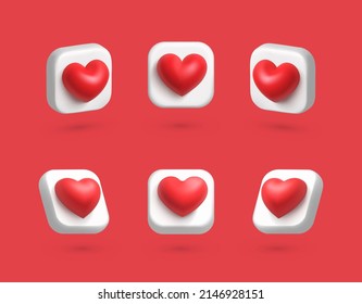 3d red love heart shape icon with different angles