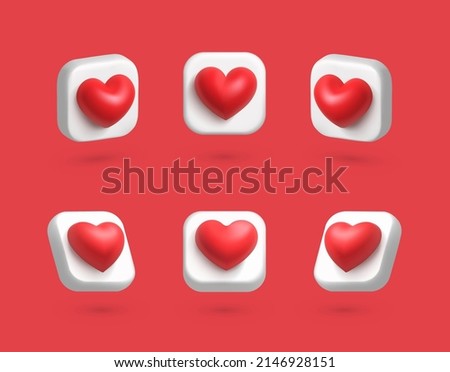3d red love heart shape icon with different angles