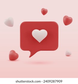 3d red love message icon with white heart. Valentine card message. 3d vector illustration. Speech bubble icon with heart. Light pink background with hearts. Valentines day.