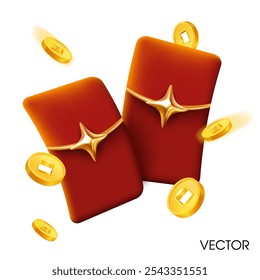 Sobre de la suerte 3D rojo con monedas de oro volando alrededor, aislado en el fondo blanco. Plantilla de devolución. Icono de Vector de dinero de la suerte 3d.