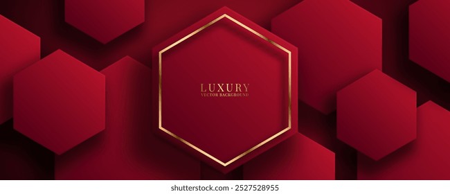 3D red luxury abstract background overlap layer on dark space with golden lines hexagons decoration. Modern graphic design element cutout style concept for web banner, flyer, card, or brochure cover