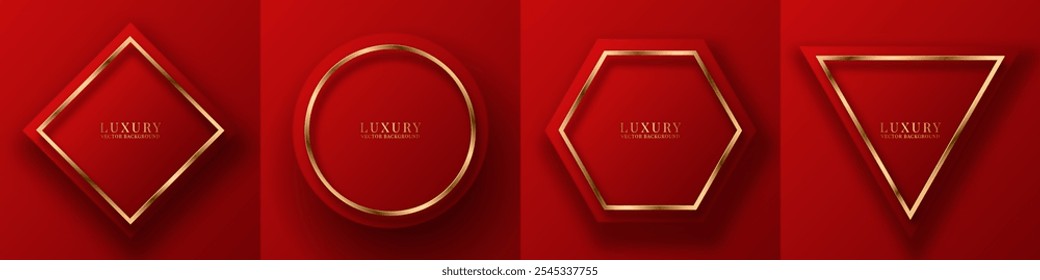 Conjunto de fondo abstracto de lujo rojo 3D. Decoración de líneas doradas en espacios luminosos. Paquete de forma geométrica. Concepto moderno del estilo de la alta calidad del elemento de Diseño gráfico para el Web, el volante, la tarjeta, o la cubierta del folleto